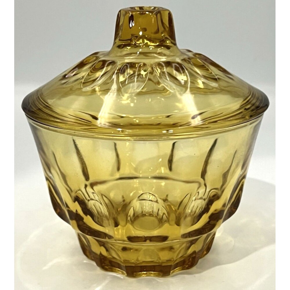 Vtg Hazel Atlas Candy Dish Amber Glass Jar w/Lid Reflections Thumbprint 50s 5.5"